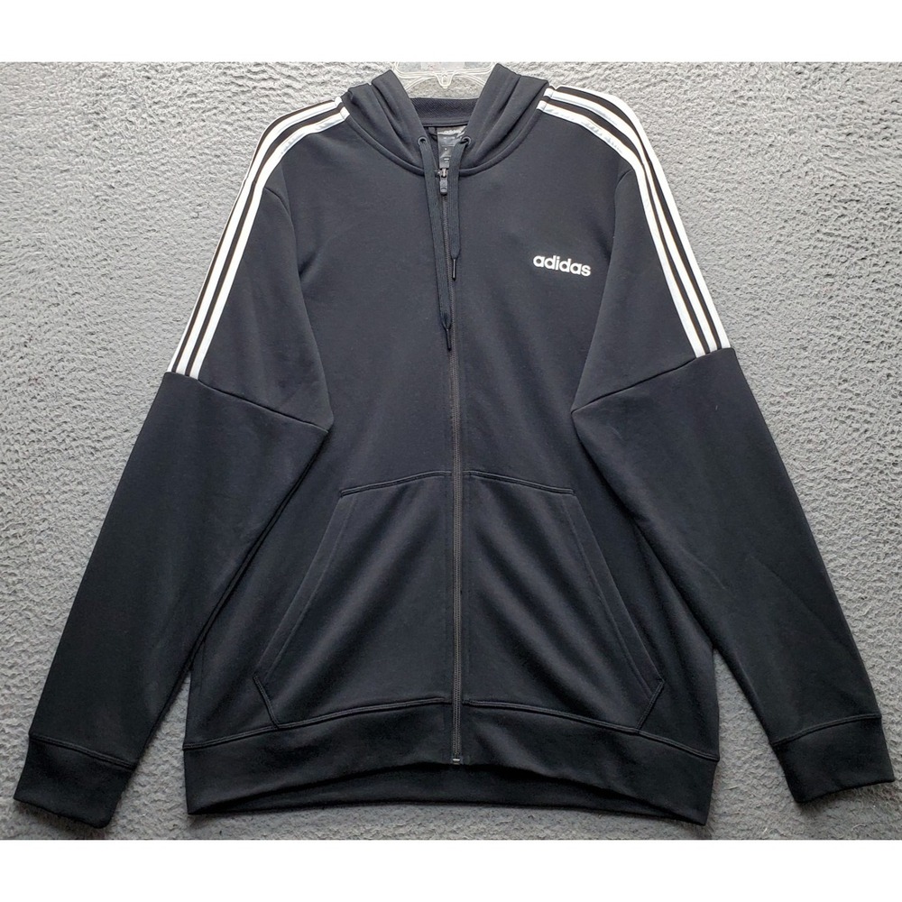 Adidas Essentials Hoodie Mens Large Black French Terry 3 Stripes Sleeve Full Zip